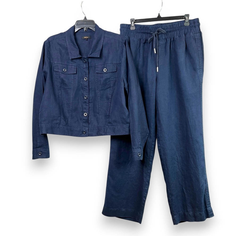 Quince European Linen Jacket and Pants Set Womens Large Navy Blue Minimalist Lux